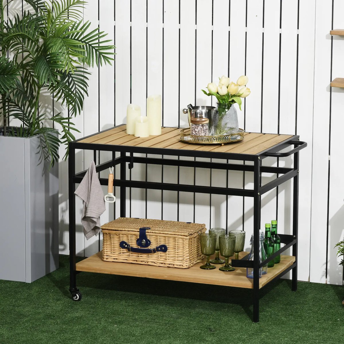 Pugsdrly Dienwagen in industriële design, weerbestendig, 3 haken, 1 plank, 107 cm x 65 cm x 80 cm, zwart + naturel