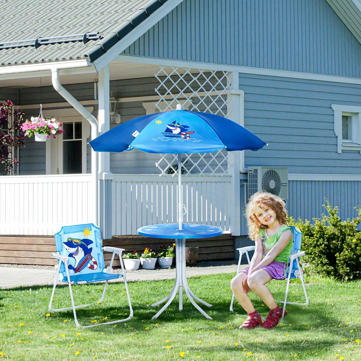 Pugsdrly 4-delige kinderzitgroep voor in de tuin Tuintafel 2 klapstoelen Parasol Camping kinderzitgroep Tuinmeubelen voor 3-6 jaar Blauw