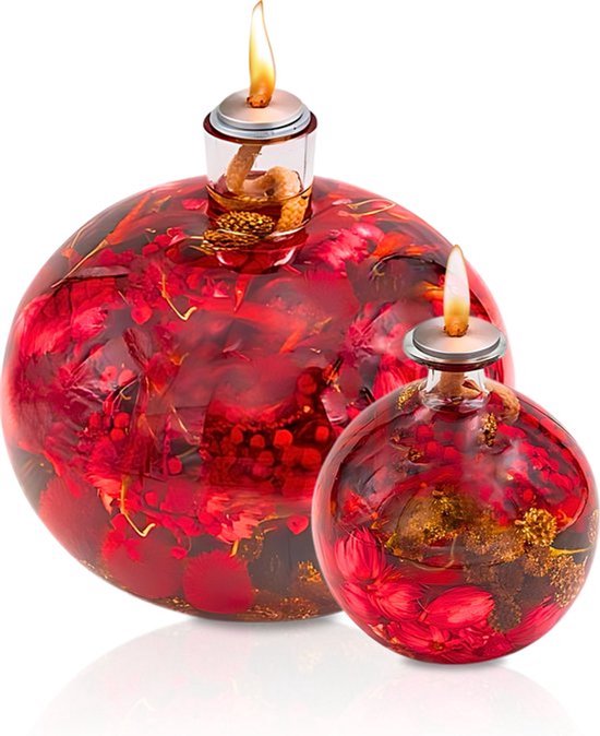 Set van 3 Olielampen - Groen, Rood & Terra - Glazen Sfeerlampen - 13CM - Inclusief Olie & Decoratie - Moederdag - Aanbieding — afbeelding 4