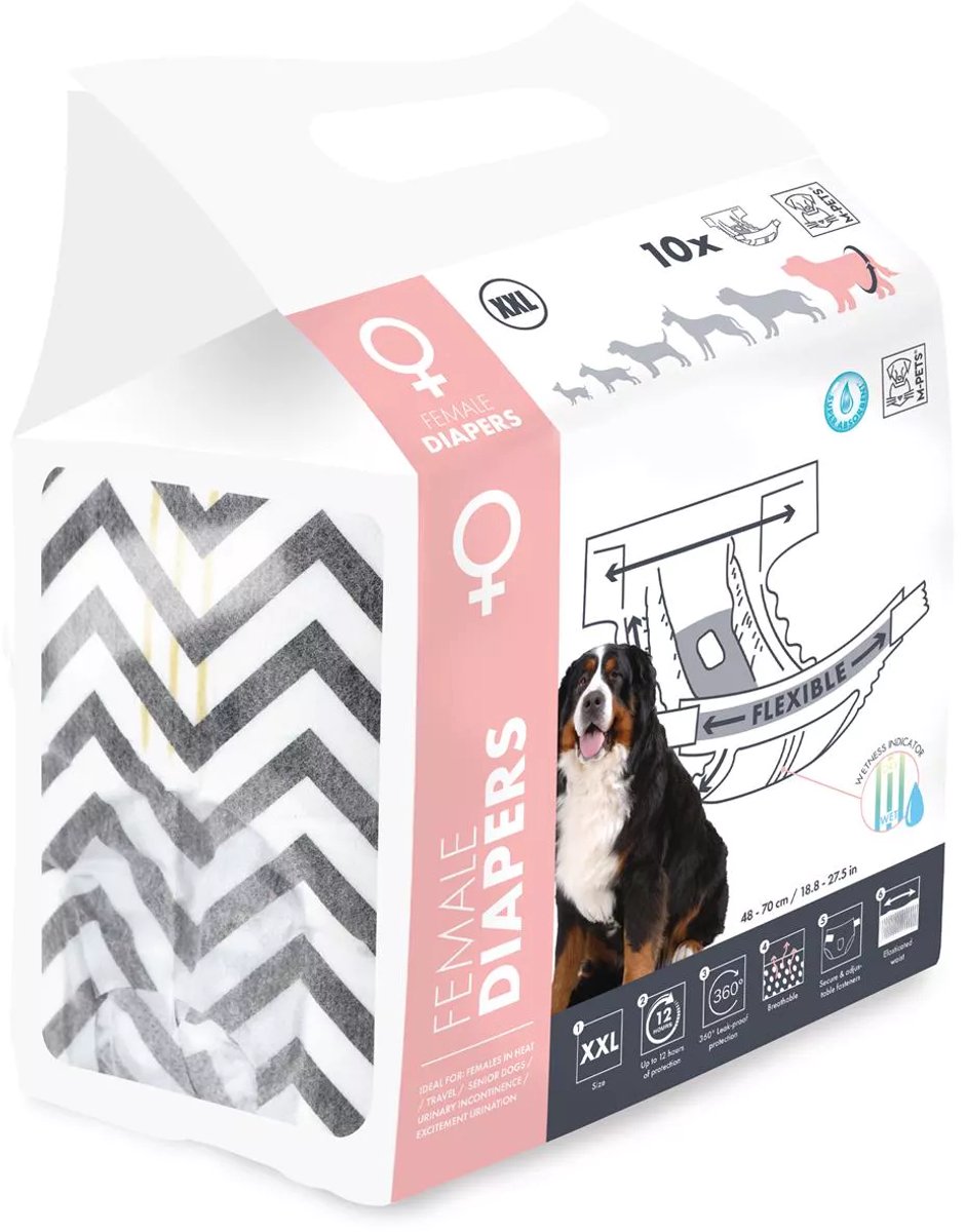 Hondenluiers - M PETS - LUIERS - Vrouw XXL x10 - Tailleomvang 48-70 cm - 20-30 kg - Vochtigheidsindicator - 12 uur bescherming