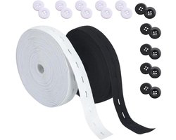 Allecto Plus - Elastische Band voor Broekrok, 2 Rollen Naai-Elastiek 14 m, Knoopsgat-Elastiek, Naaiband voor Rokken en Korte Broeken, Zwart + Wit