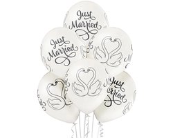 Set van 6 “Just Married” ballonnen – 30 cm – Witte latex – Voor lucht of helium Belbal PRO/ Loose verpaking (geen plastic verpakking)