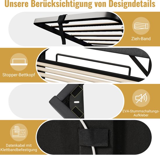 Lit double rembourré 180x200 avec ports USB et Type C - éclairage LED- lit avec coffre hydraulique - gris - sans matelas