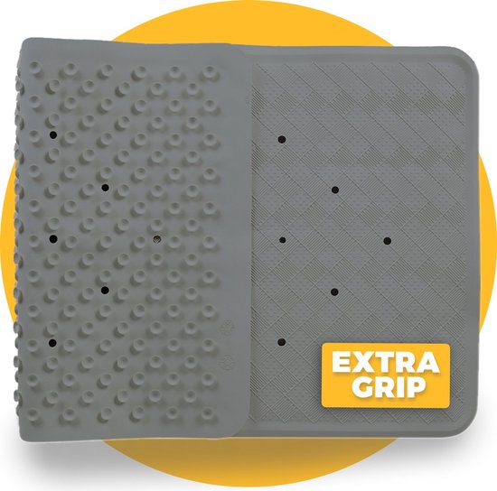 Grijze Pasper antislip badmat met zuignappen en ruitpatroon, met tekst 'EXTRA GRIP'.