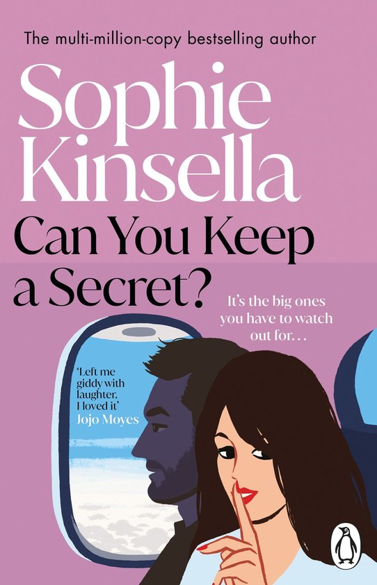 Boek "Can You Keep a Secret?" van Sophie Kinsella, met een roze achtergrond, een vliegtuigraam en een vrouw die een geheim deelt.
