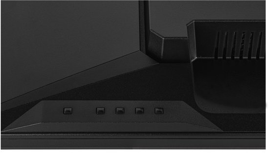 Detail van de onderrand van een zwarte monitor, met vijf bedieningsknoppen.
