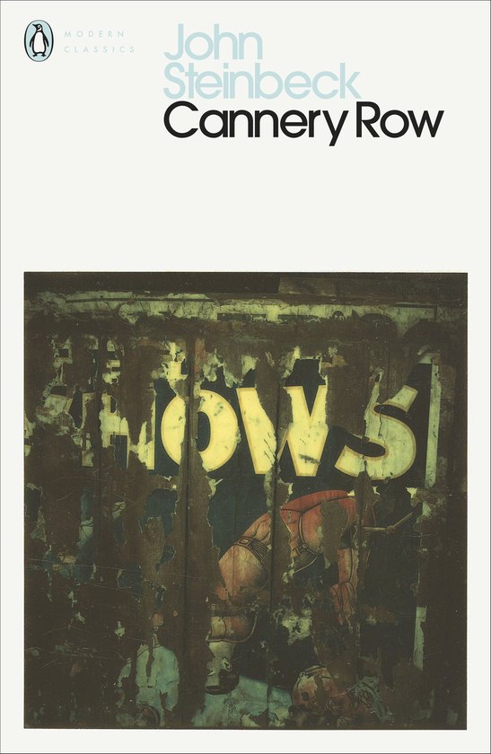 Boekomslag van 'Cannery Row' met verweerde tekst 'NOWS' en abstracte kleurelementen.