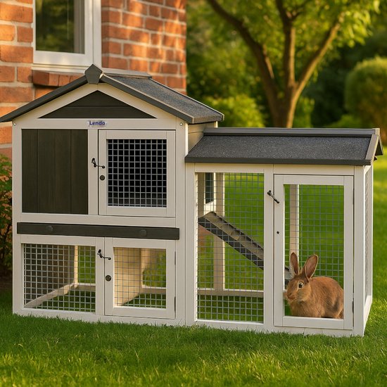 Lendo Online Konijnenhok van geïmpregneerd vurenhout - 145x45x85cm - grijs - kleine dieren - cavia kooi van hout - konijnenkooi - dierenverblijf - binnen en buiten - Asfalt dak - Weersbestendig
