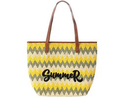 Een vrolijke gevoerde strandtas. Aan de voorkant een weefselstructuur in zomerse kleuren 45x39cm en de tekst Summer. De rand aan de bovenkant en de handvaten zijn van imitatieleer. Met rits afsluitbaar. Voor uzelf of als cadeau.