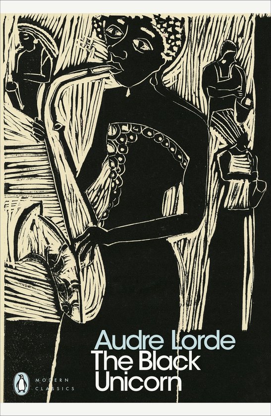Boekcover met een zwart-wit illustratie van een persoon die een saxofoon bespeelt, met de tekst 'Audre Lorde The Black Unicorn'.