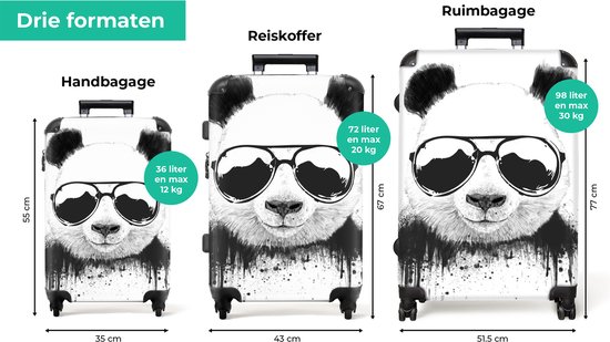 NoBoringSuitcases.com® - Koffer groot - Reiskoffer lichtgewicht - Panda - Bril - Druppels - Wit - Rolkoffer met 4 wielen - Grote trolley XL - 98 liter bagage