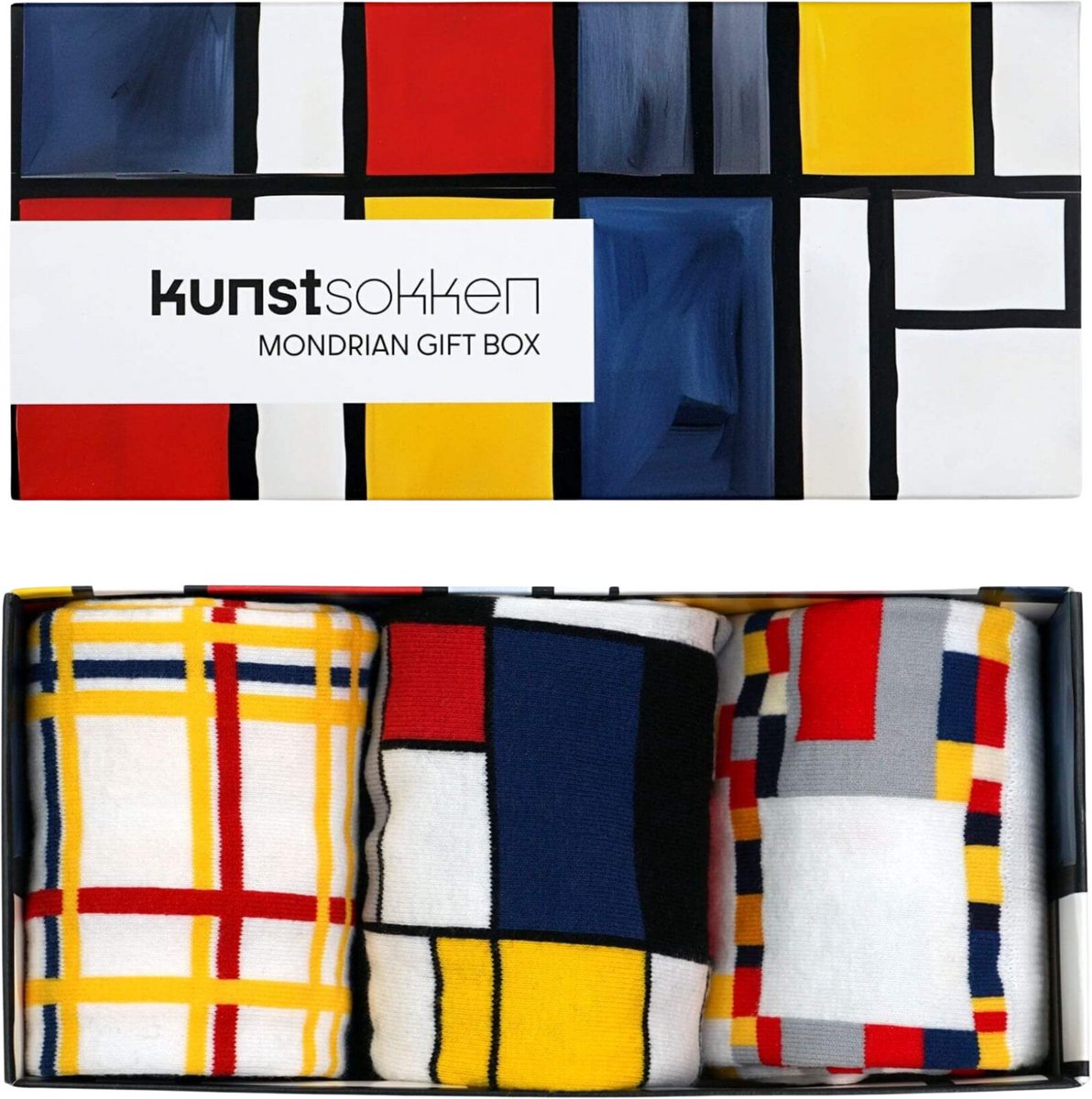 Kunst sokken - Mondriaan Giftbox 3-pack - Sokken Dames 36 40 - Biologisch Katoenen Sokken - funny socks happy - Vrolijke Sokken - Grappige Sokken - Sokken Cadeau