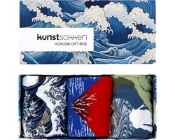 Kunst sokken - Hokusai Giftbox 3-pack - Sokken Dames 36 40 - Biologisch Katoenen Sokken - funny socks happy - Vrolijke Sokken - Grappige Sokken - Sokken Cadeau