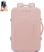 Caimco Trailor Vacuüm Rugzak met Laptopvak & USB Oplaadpoort – 22-46L Uitbreidbare Waterafstotende Handbagage Backpack – Vacuüm Compressiesysteem & TSA-slot – Inclusief Vacuümpompje - Roze