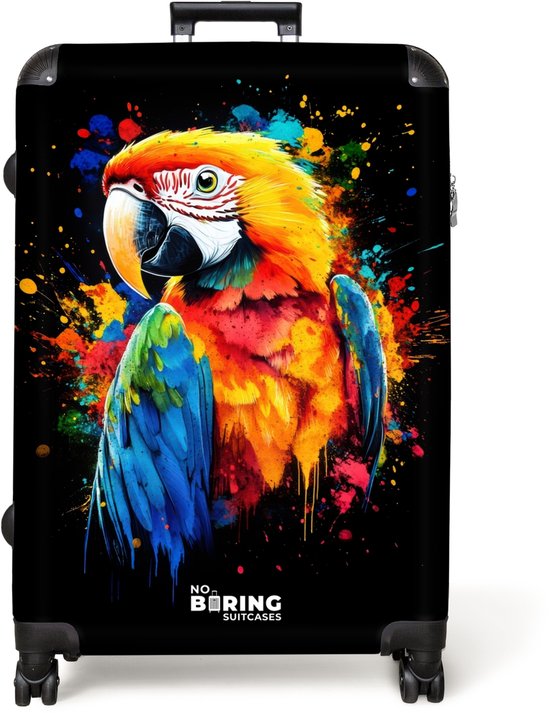 Zwarte koffer met een grote, kleurrijke papegaai in graffiti-stijl.