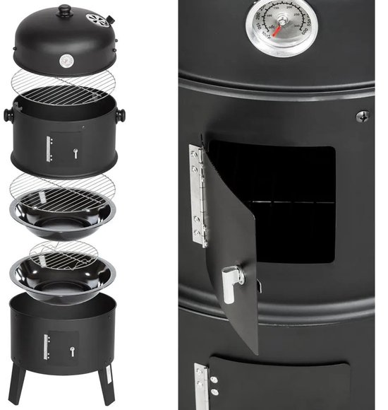 Houtskoolbarbecue - Roker - Grill - 3-in-1 BBQ Vat - Buitenkeuken - Houtskoolgrill Met Thermometer - Rookoven Met Waterbak - Voor Roken, Grillen en Stomen - Ø41cm - 78cm Hoog - Staal - Zwart - Geschikt Voor 6 Personen van Merkloos — afbeelding 5