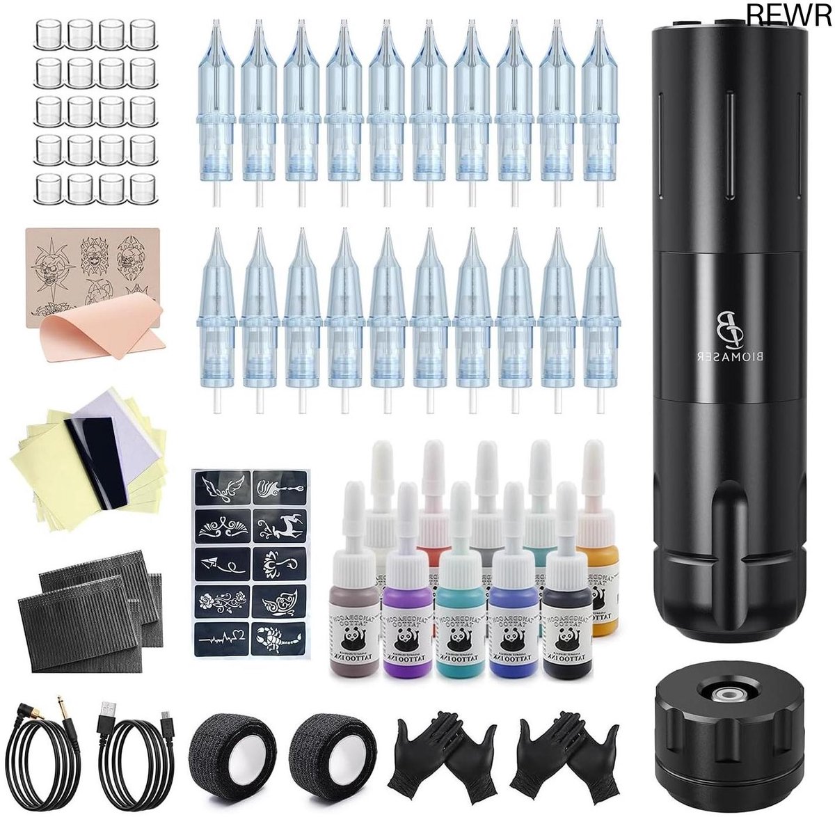 RFWR® Draadloze Tattoo Machineset voor Beginners - Compleet met Naalden en Inkt