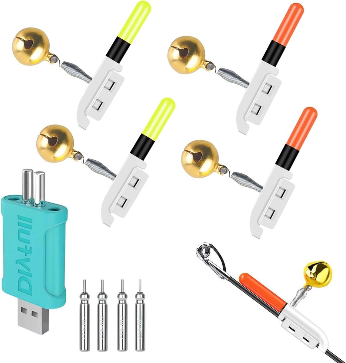 Allecto Plus - 4-delige set waterdichte LED-beetmelders voor vissen - Visalarmbel voor nachtvissen - Inclusief oplader en batterij