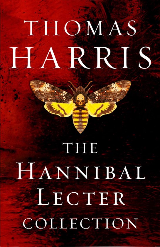 Boek kaft van "The Hannibal Lecter Collection" met op de voorgrond een doodshoofdvlinder en op de achtergrond een rode, bloedige textuur. Titel in witte letters.