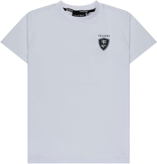 Wit Touzani t-shirt met groen schildlogo op de borst.