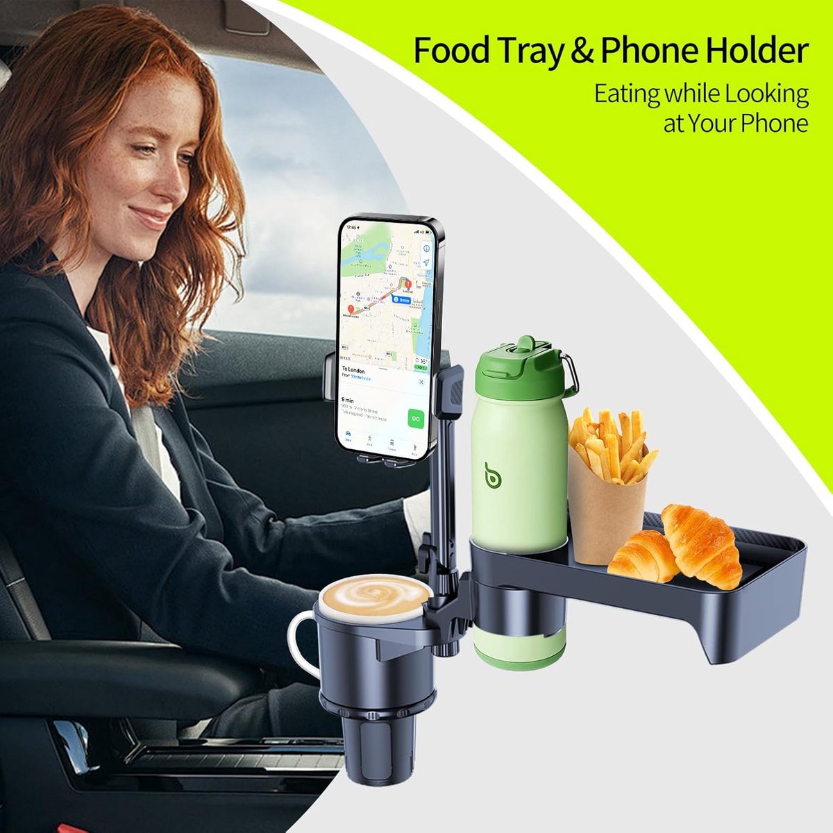 Bekerhouder auto met tafel en telefoonhouder - praktische organisatie - zwart