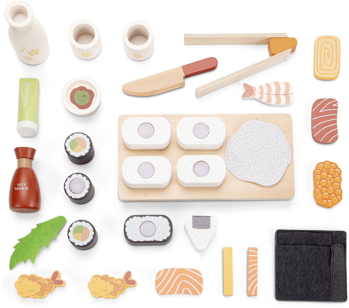 Woet® Houten Sushi Speelset - 30-delig Japans Rollenspel Speelgoed - Inclusief Stokjes, Sojasaus en Serveerplank - FSC Speelgoedeten - Educatief Keukenspeelgoed - Vanaf 3 Jaar — afbeelding 3