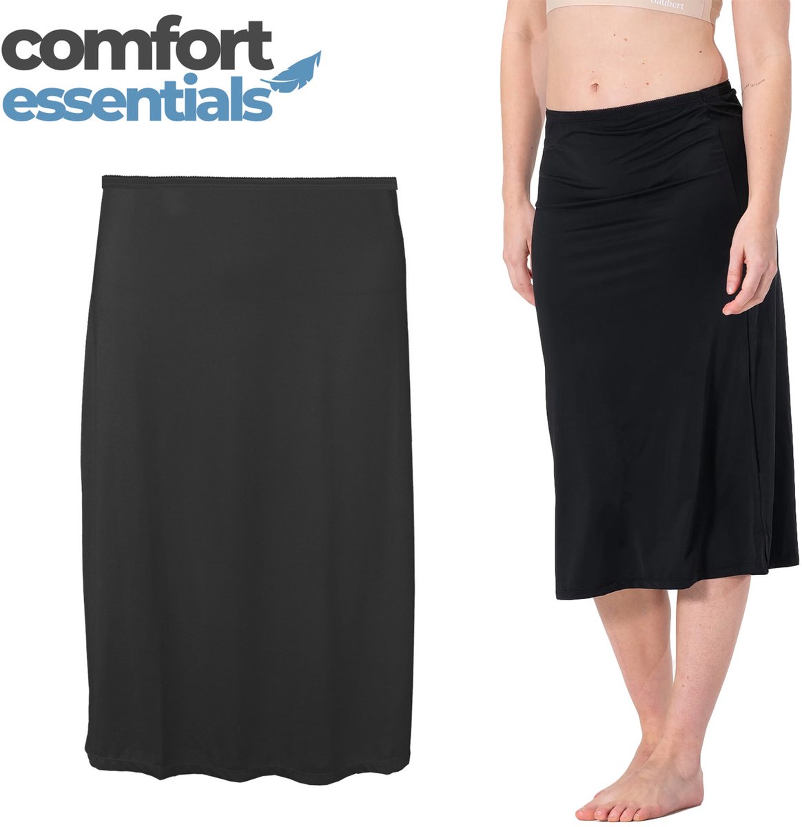 Comfort Essentials - Onderrok Lang - Zwart - S/M - Microfiber - Anti-Schuren - Jupon - Petticoat