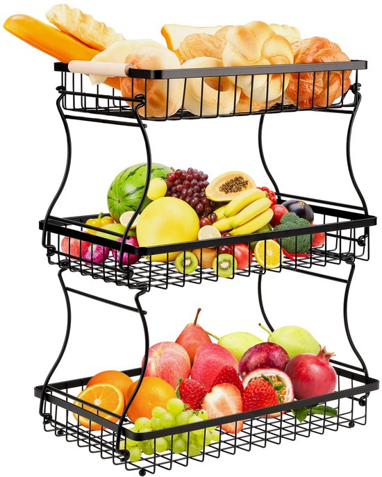 VINATO Fruitschaal met 3 etages van metaal, moderne fruitschaal met houten handgrepen voor keuken, badkamer en meer, ideaal voor fruit, groenten en organisatie, zwart