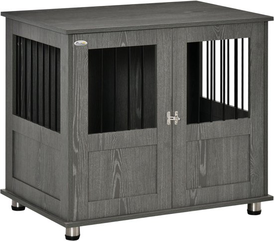 PawHut Hundekäfig für Zuhause, Haustierkäfig, Hundehütte Indoor with Schloss, Magnettür, Hundehaus with Fenster, Hundebox pour chiens de petite et moyenne taille, Gris, 85 x 55 x 87 cm
