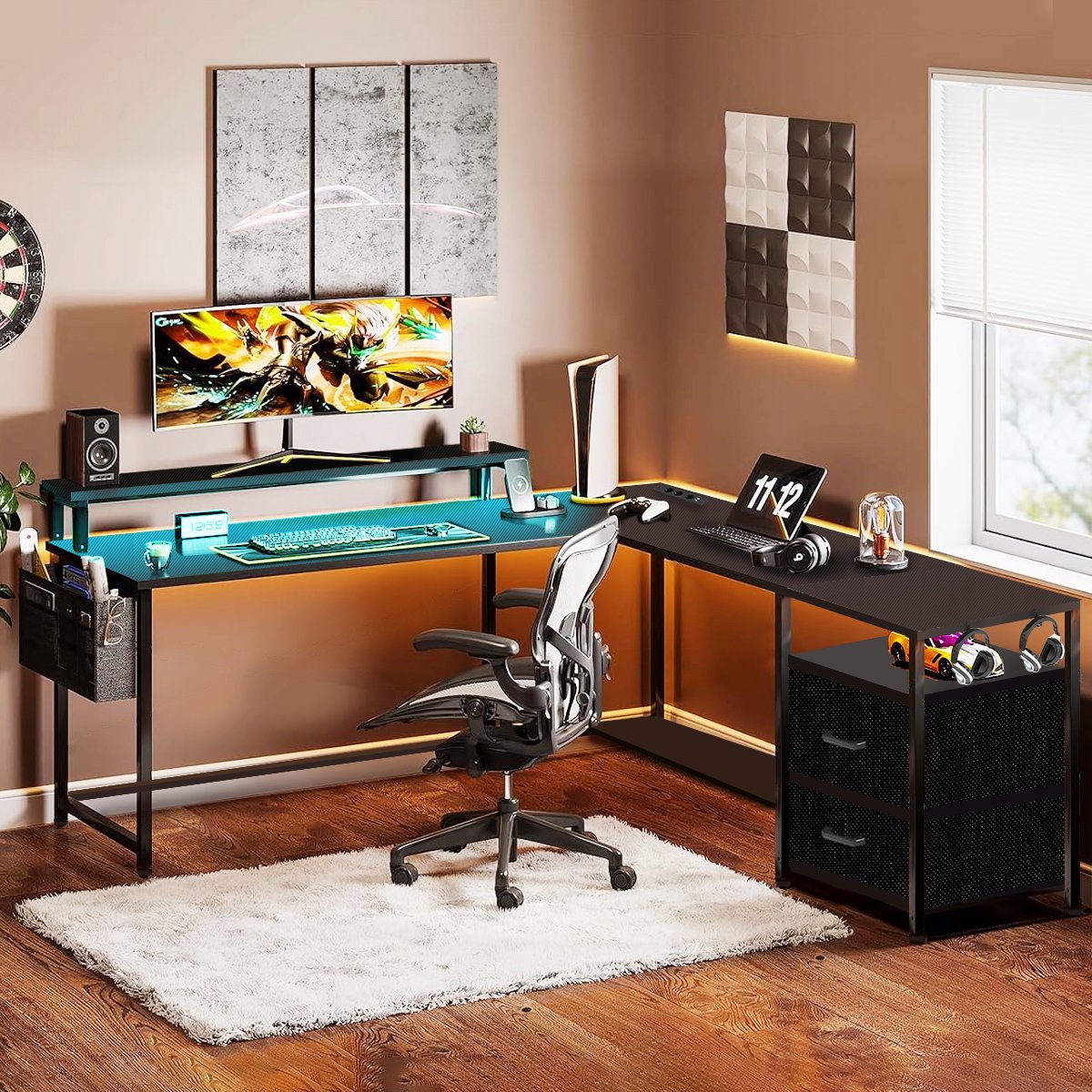 Gaming Bureau met LED Verlichting - 120x120x75cm - L-Vormig Game Bureau met Stopcontact - 2 Non Woven Lade - Gaming Desk - Computer Tafel - Gaming Tafel - Bureau voor Gamen, Studeren en Werken - Zwart