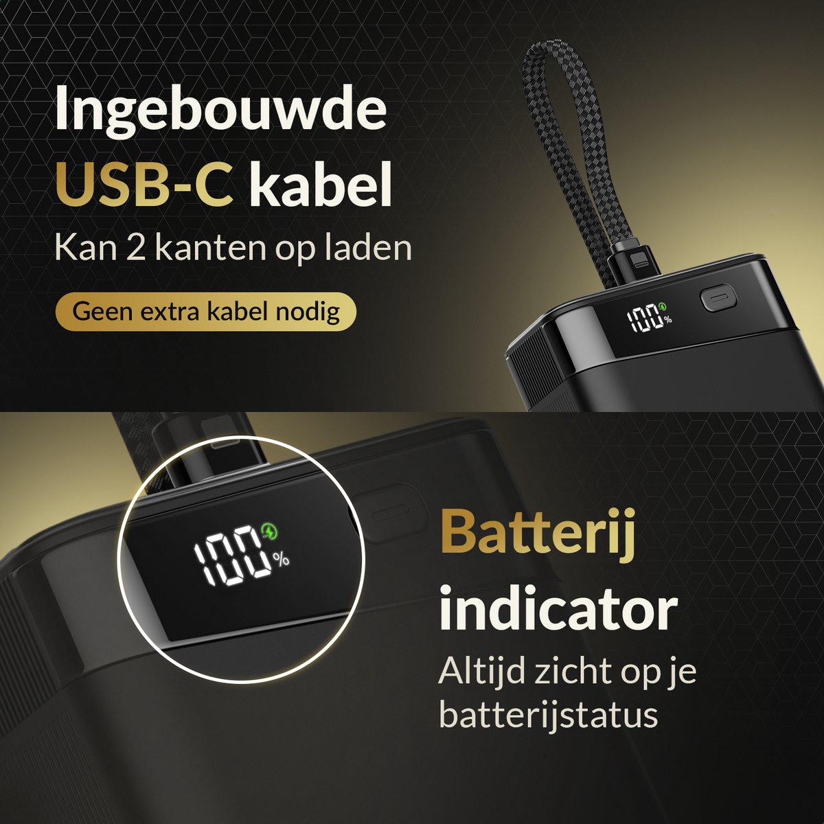 Surge Powerbank 20.000 mAh - 45W snellader met ingebouwde USB-C kabel en USB-C + USB-A Poort - Geschikt voor Telefoon, Tablet en Laptop — afbeelding 4