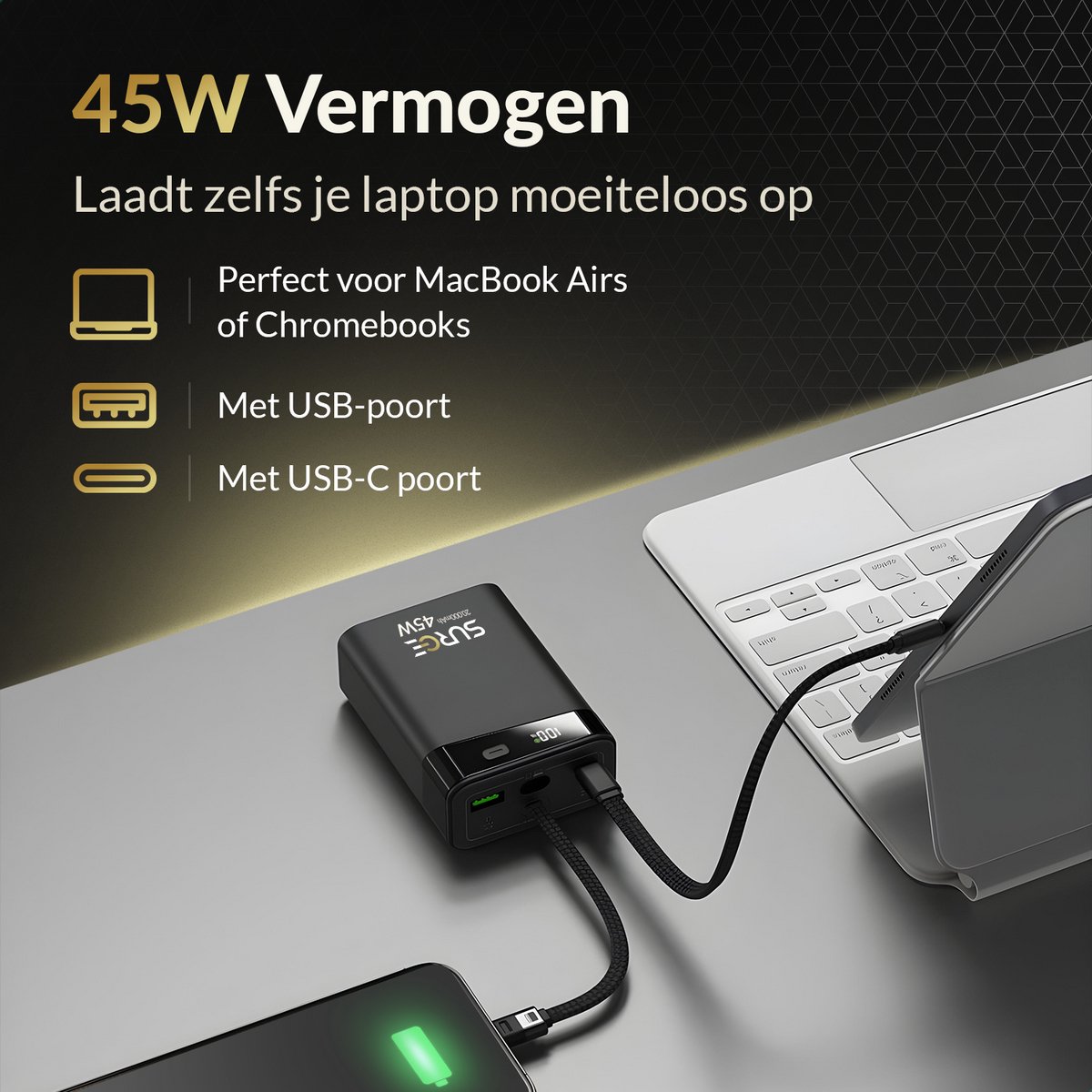 Surge Powerbank 20.000 mAh - 45W snellader met ingebouwde USB-C kabel en USB-C + USB-A Poort - Geschikt voor Telefoon, Tablet en Laptop — afbeelding 5