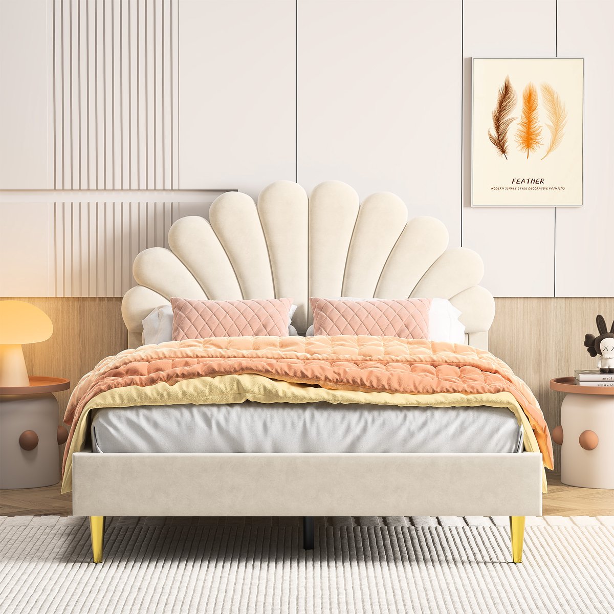 Gestoffeerd Kinderbed 140 x 200 cm, Een-/Tweepersoonsbed voor Meisjes, Beige Fluweel Bedframe met Bloemvormig Hoofdeinde en Lattenbodem (Zonder Matras)