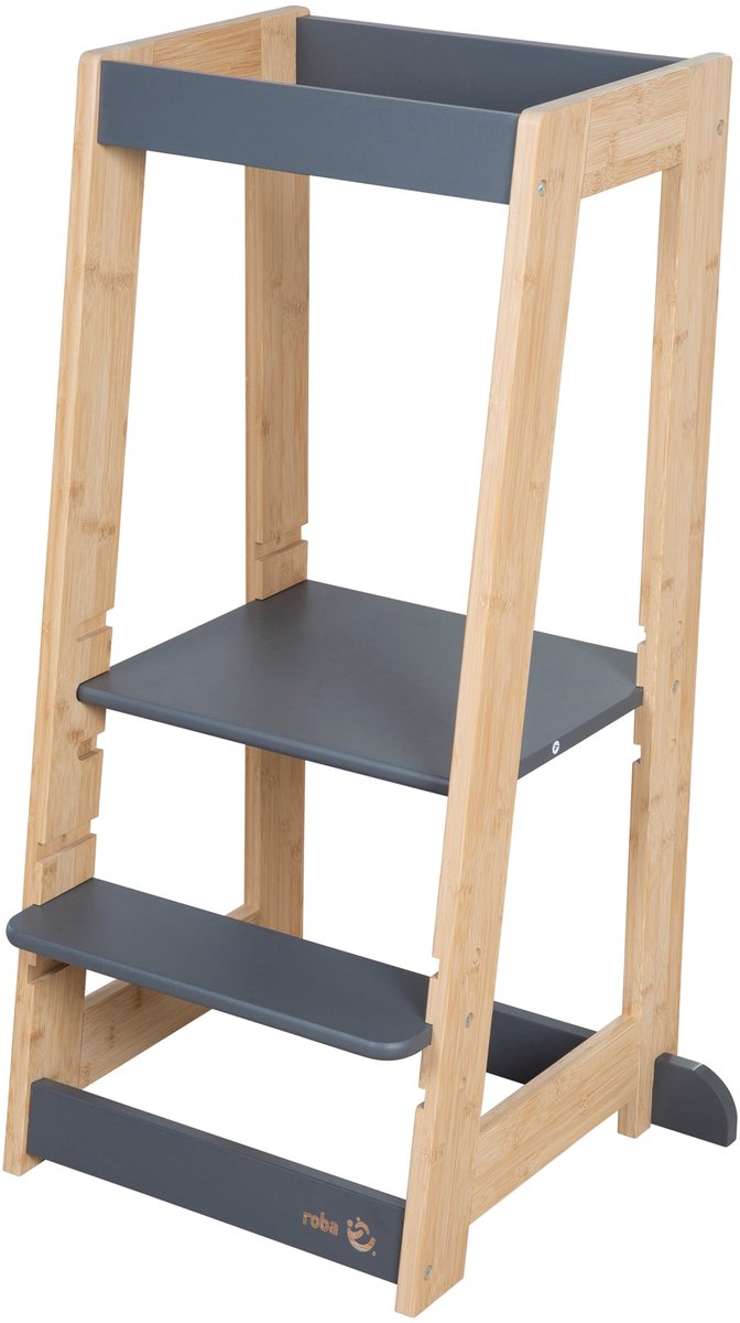 roba Houten Learning Tower - Volgens het Montessori-Principe - Belastbaar tot 80kg - Bamboe / Antraciet