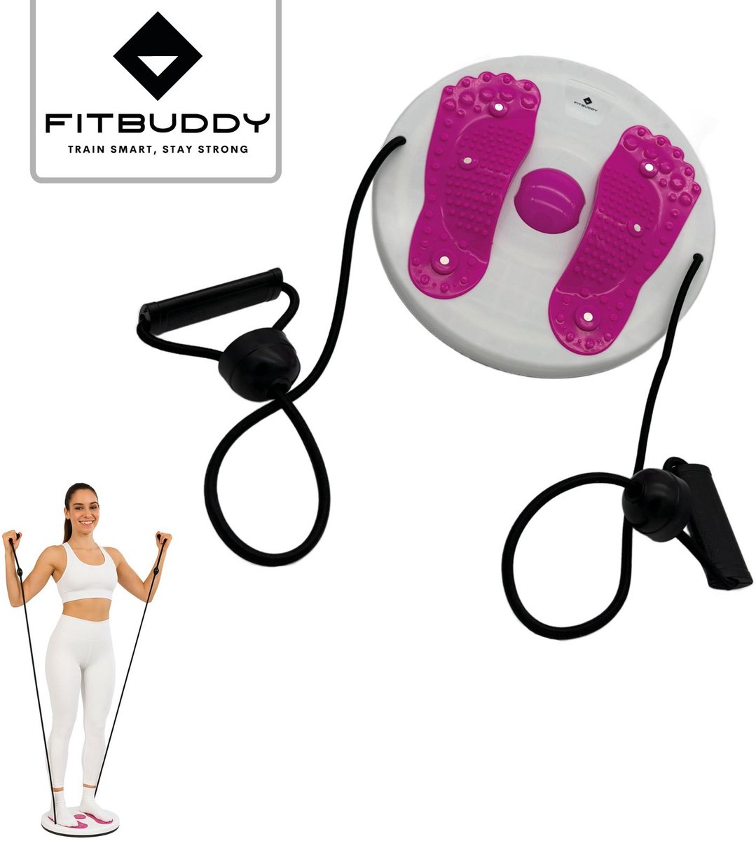 FitBuddy Twister Board met Handvaten en Elastieken – Balans- en Core Trainingsbord voor Thuisfitness – Verbeter Balans, Coördinatie en Taille (kleur donker rose)