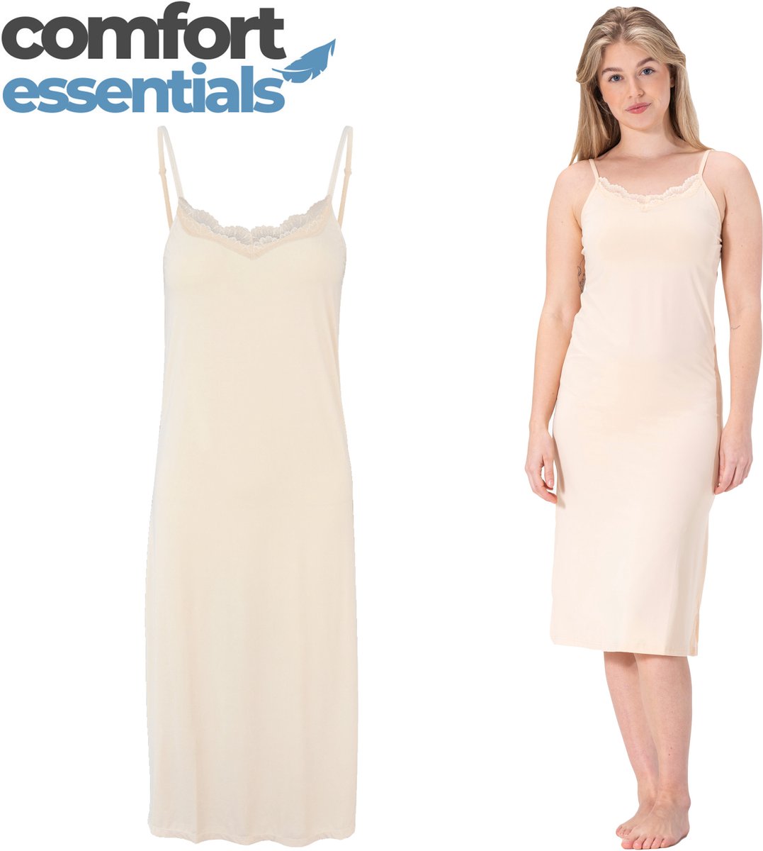 Comfort Essentials - Onderjurk Beige - Lang Met Kant - XXL/XXXL - EU 44-46 - Spaghetti Bandjes - Nachthemd -Nachtjapon - Microfiber - Slipdress - Anti-statisch