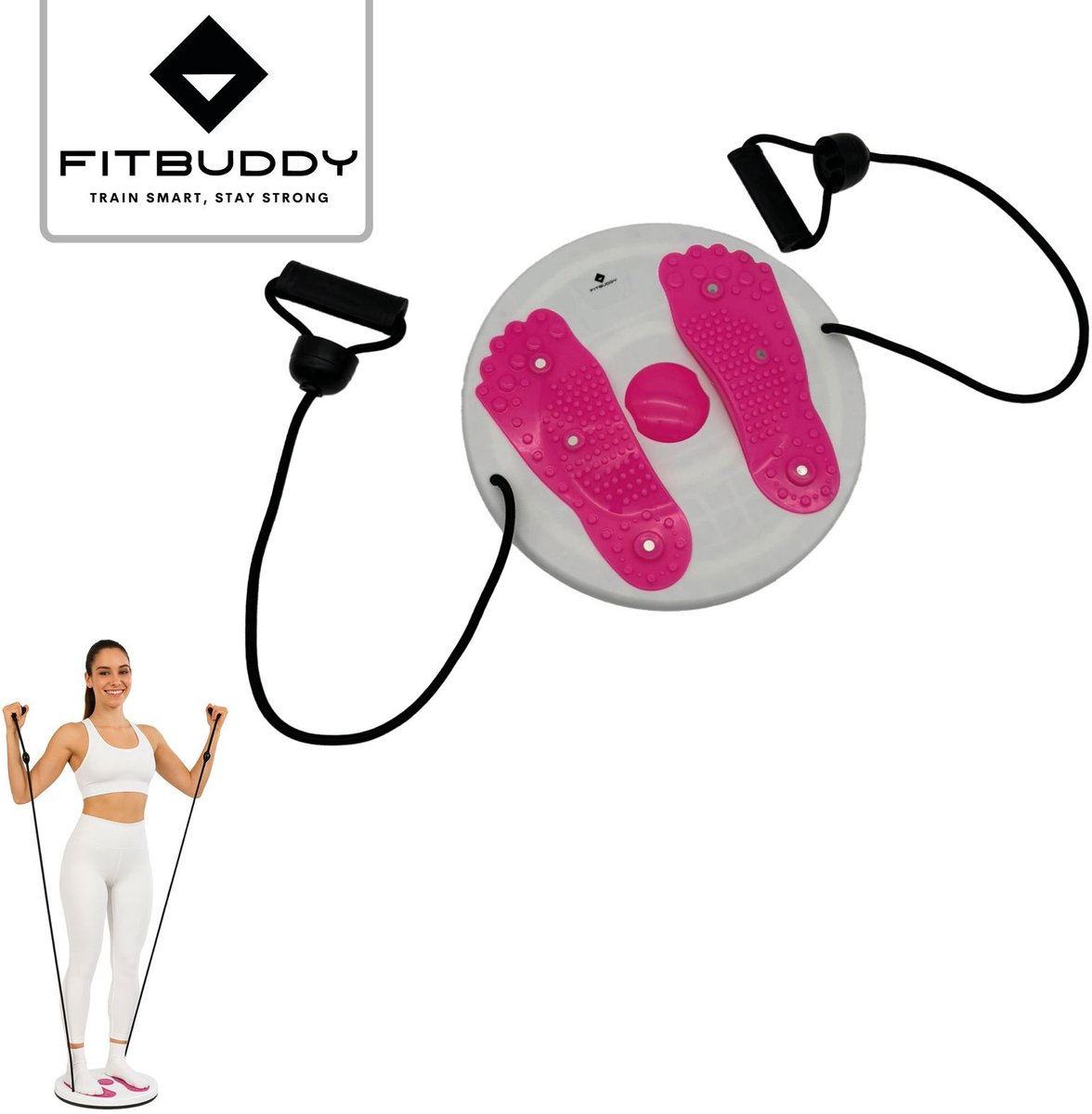 FitBuddy Twister Board met Handvaten en Elastieken – Balans- en Core Trainingsbord voor Thuisfitness – Verbeter Balans, Coördinatie en Taille ( kleur rose)