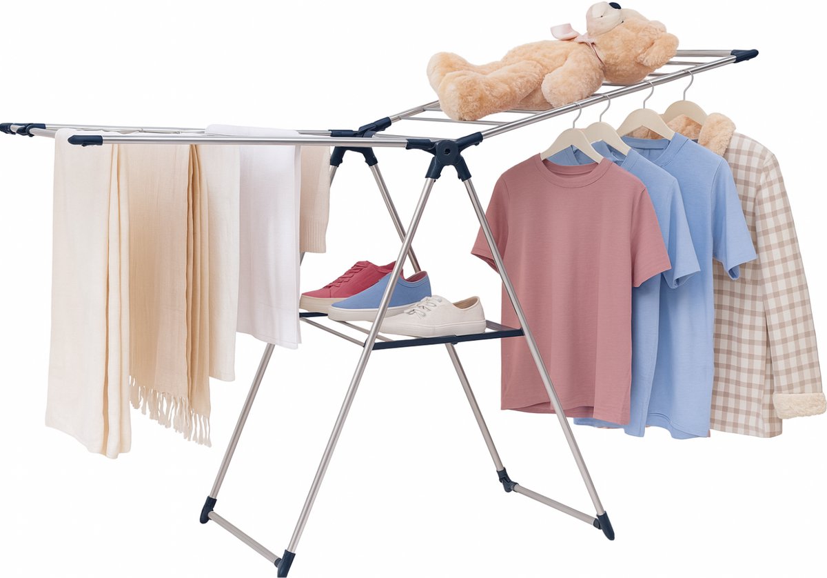 Wasrek Inklapbaar – Extra Droogrek voor Kleine Was – Opvouwbaar RVS Wasrek – Stevig en Ruimtebesparend – 18m Drooglengte – Binnen & Buiten – Duurzaam