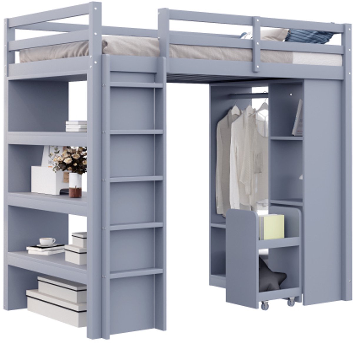 Pugsdrly Kinderhoogslaper 90x200cm, met planken met meerdere niveaus, eenvoudige hangers en opbergvakken, met 1 uitneembare organizer, veel opbergruimte, jeugdbed, eenpersoonsbed, grijs