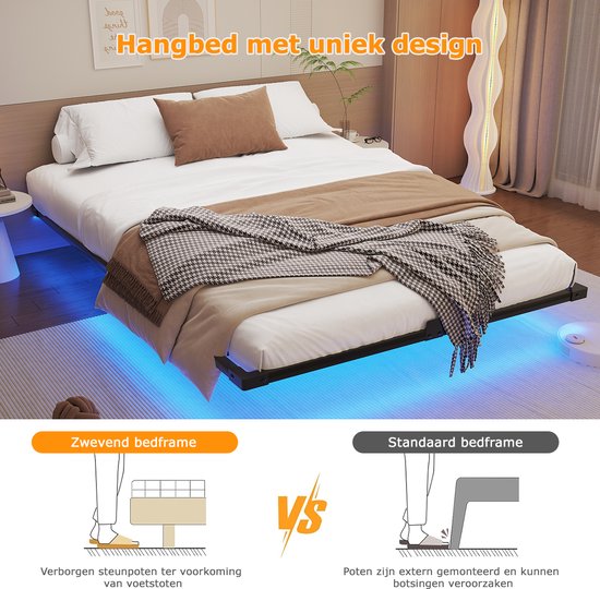 HOMERECOMMEND Bedframe, 140 x 200 cm, tweepersoonsbed met lattenbodem, metaal, logeerbed voor kleine ruimtes, zwart en bruin