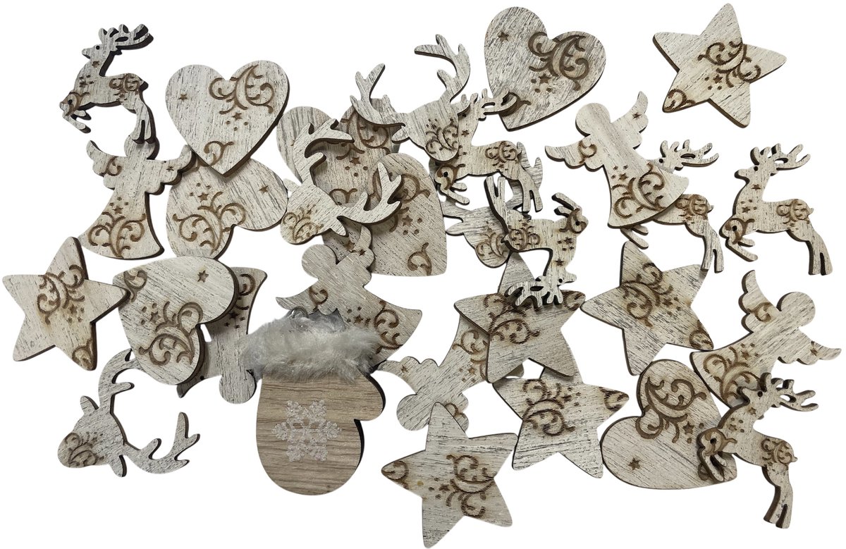 Set van 30 houten kerst ornamenten - Natuurlijk en sfeervol