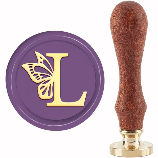 Foto: Wax seal stempel initialen l vlinder wing vintage afdichting stempel 30mm 1 18inch verwijderbare messing hoofd afdichting stempel met houten handvat voor geschenkuitnodigingen en wenskaarten