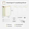 Afmetingen en inhoud van de crèmekleurige wasmand met bamboe rand: 73x57x37cm, 160L, 3 waszakken, montagestokken en labels.