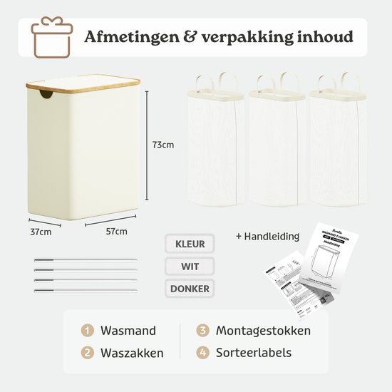 Afmetingen en inhoud van de crèmekleurige wasmand met bamboe rand: 73x57x37cm, 160L, 3 waszakken, montagestokken en labels.