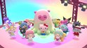 Een groep Sanrio-personages, waaronder Hello Kitty, Kuromi en Pompompurin, bijeen op een podium.