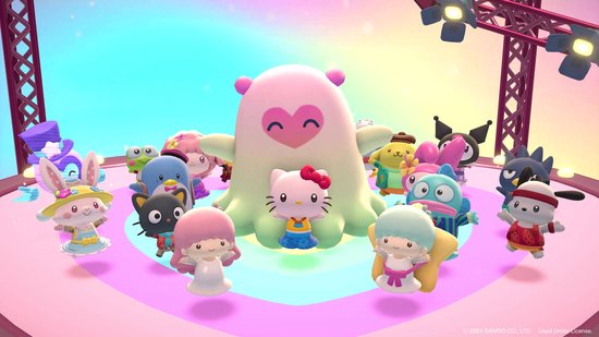 Een groep Sanrio-personages, waaronder Hello Kitty, Kuromi en Pompompurin, bijeen op een podium.