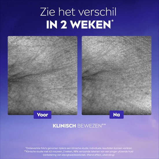 Vergelijking van huidtextuur vóór en na 2 weken, toont verbeterde stevigheid en elasticiteit.