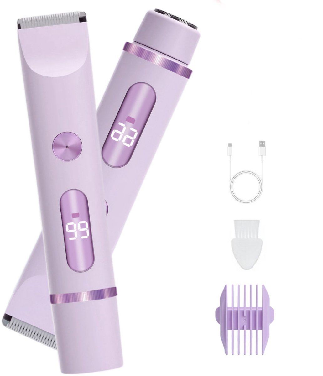 2 in 1 Ladyshave voor Vrouwen - Elektrisch Scheerapparaat - Bikinitrimmer - Waterdicht - Epilator - - Trimmer vrouw - Met digitaal display - Paars