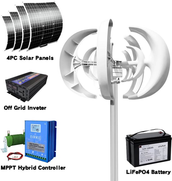 Foto: Windturbine verticale as windmolen windenergie generator duurzame energie windmolen 5000 watt vermogen weerbestendig ip54 24v met batterijsysteem