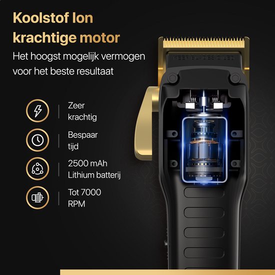 Close-up van een zwarte tondeuse met gouden hendel en mesjes, met interne motor en specificaties zoals 2500 mAh lithiumbatterij.